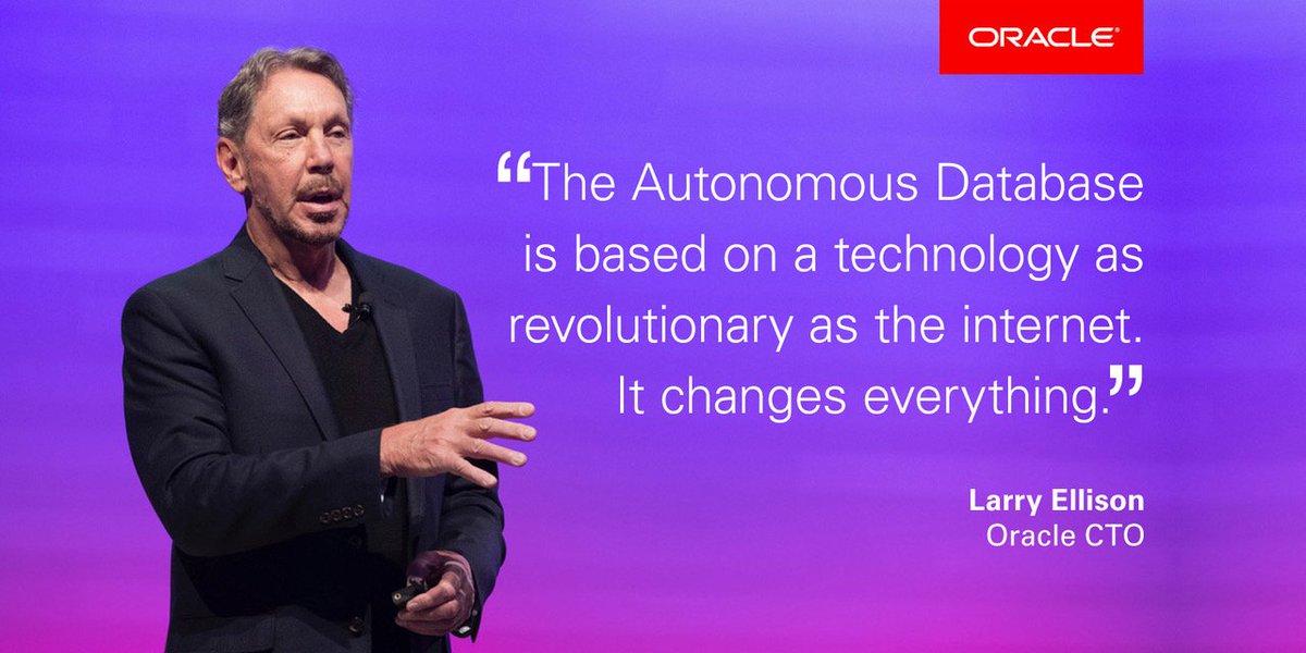 Oracle's tweet image. .@larryellison unveils the world’s first Autonomous Database…. The Oracle Autonomous Database Cloud. bit.ly/2wYoqDh #AutonomousCloud
