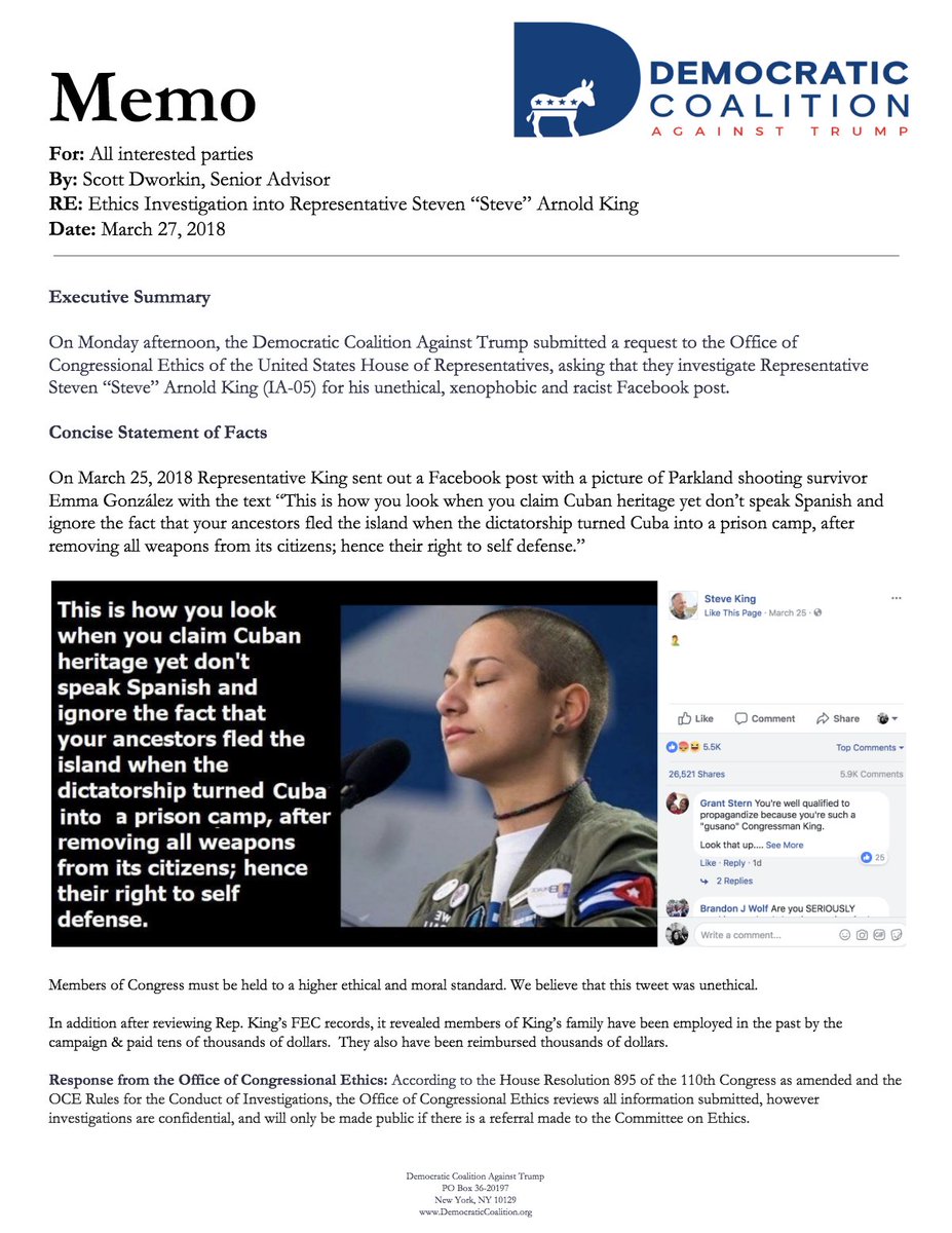 funder's tweet image. BREAKING: We just filed a House Ethics Complaint on Rep. Steve King for his racist attack against Parkland shooting survivor Emma Gonzalez. We also uncovered tens of thousands in campaign payments &amp;amp; reimbursements to members of King&apos;s family. We included that in the complaint.
