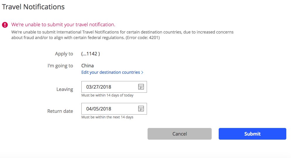 renegade_maker's tweet photo. ALERT! @Chase bank is NOT allowing customers to use their cards in #China. Be aware if traveling overseas. #banking #internationalbanking #expat #expats @chaihuomaker @alexts443 @Chinaccelerator @XHNews @hax_co @yourchinaguy @AlibabaGroup @ShenzhenCity @Guangzhou_Air https://t.co/PVBQMT9pNF