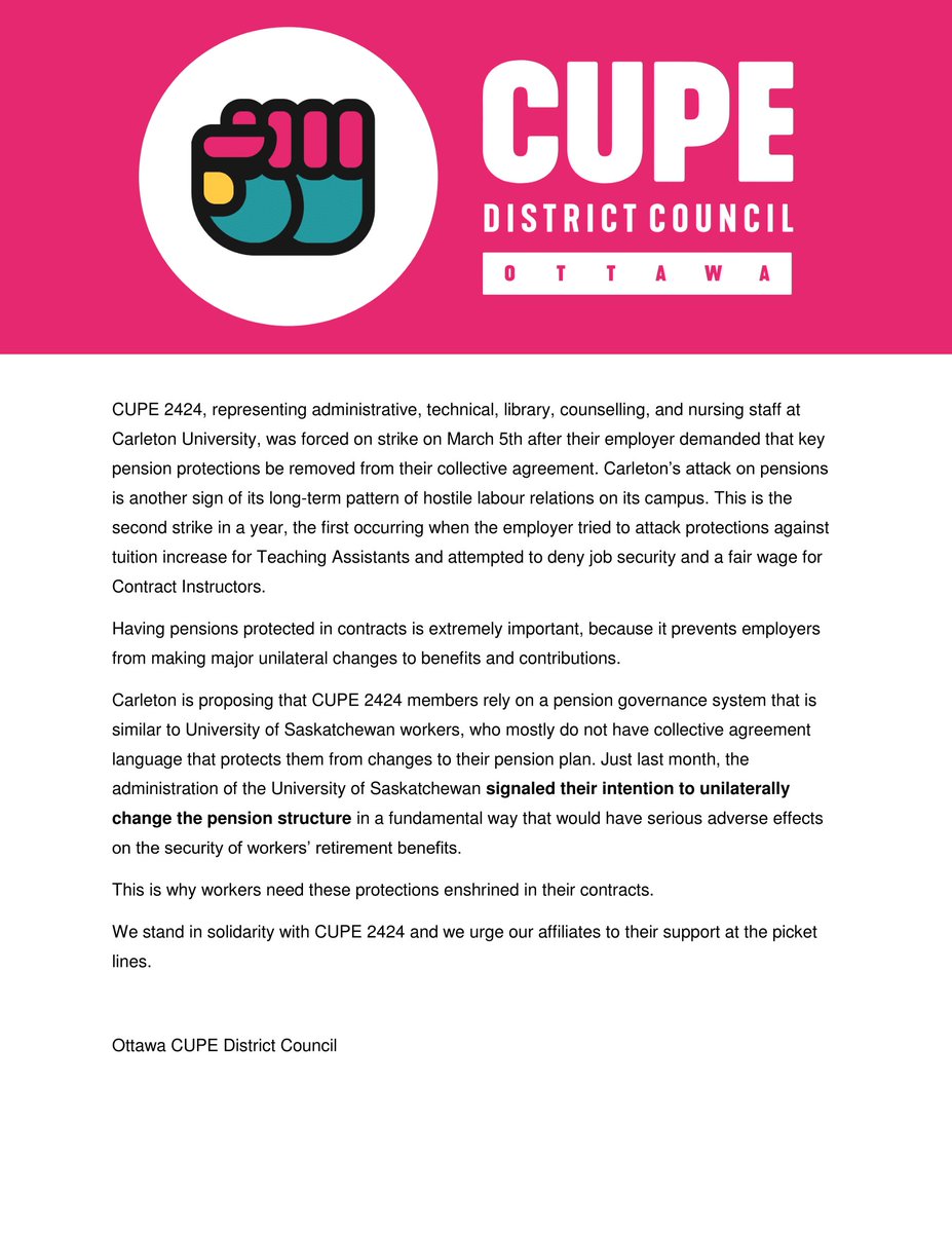 OttawaCUPE's tweet image. Our open letter to the Carleton University community. 
#BetterTogether #carletonstrike #carletonu #carletonuniversity #cupe2424