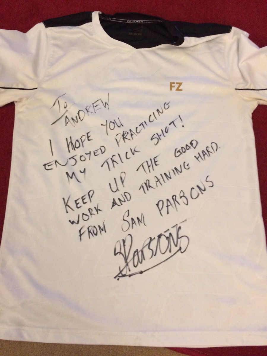 Thank you <a href="/sam_parsons95/">Sam Parsons</a> for sending this shirt for Andrew. Very kind of you and has definitely inspired him. #trickshot