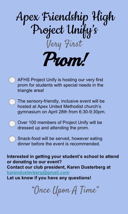 AFHS_unify's tweet photo. BIG NEWS: AFHS Project Unify is hosting a prom for local high school students with special needs in the area! Contact us for any info you need.❤️💙
@WCPSS @AFHSannounce @AutismSocietyNC https://t.co/WzEIIclIax
