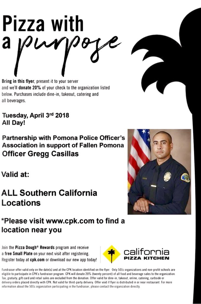 covinapd's tweet photo. #PizzaWithApurpose 🍕Tuesday April 3rd🍕Bring in this flyer to any SoCal @calpizzakitchen and 20% of your bill will be donated to the family of fallen @pomonapd Officer Gregg Casillas. #PomonaPD #CalPizzaKitchen #CPK #fundraiser #pizza #Pomona #EOW #ThinBlueLine https://t.co/A4KKXVhX1r