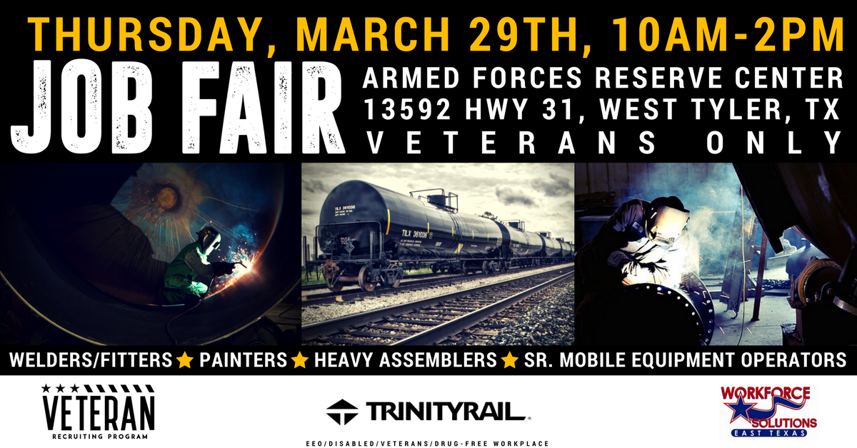 TrinityJobs's tweet photo. Are you a veteran interested in learning more information about working for Trinity? Join us at the Armed Forces Reserve Center located at  13592 HWY 31, West Tyler, TX on Thursday March 29th from 10AM - 2 PM.  We look forward to meeting you!  #work4Trinity #TrinityVets https://t.co/sUoVPrPd00