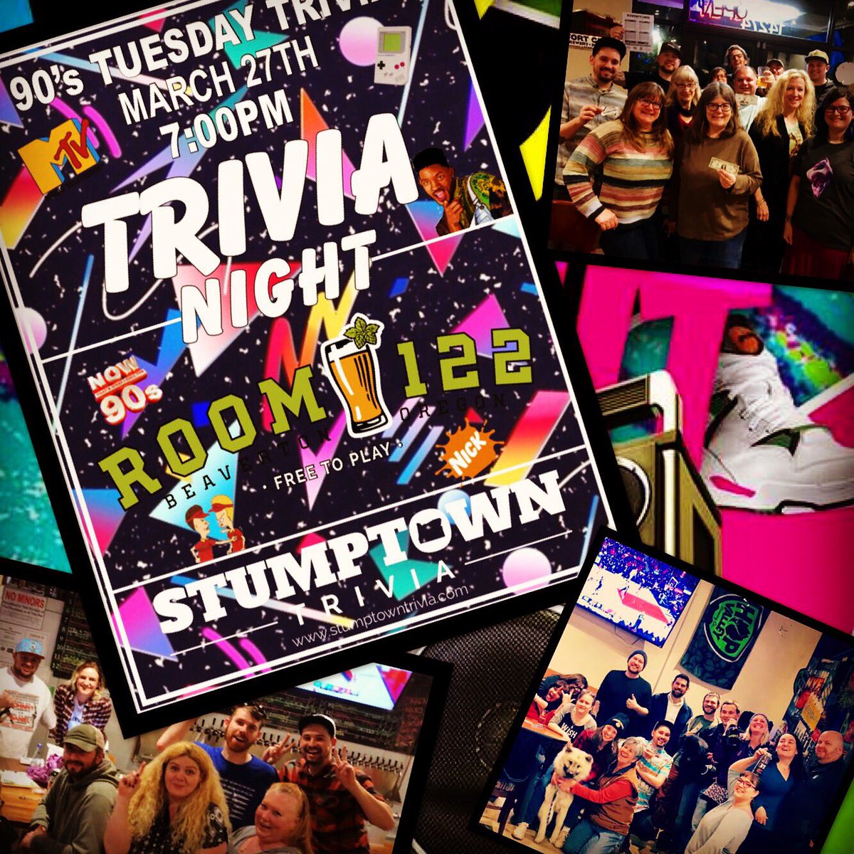 StumptownTrivia's tweet photo. It’s going to be a radical time at 90’s Trivia Night at @tapROOM122 in Beaverton. Extra chances to win prizes for those who dress up! See you tonight at 7pm!
#90'sNight #Room122 #TuesdayNight #Beaverton #Beer #Trivia #StumptownTrivia #Retro #ilovethe90s #Portland #PortlandTrivia https://t.co/vEiPaIMuzM