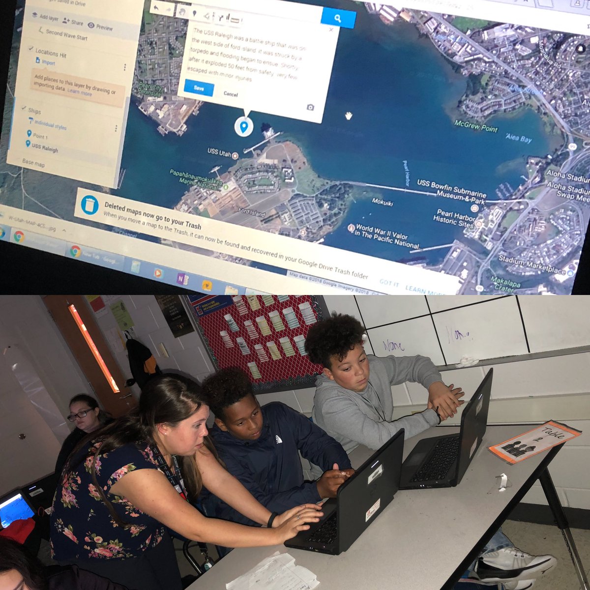 Ms. Shaver’s class  <a href="/HuntersCreekMS/">Hunters Creek Middle</a> working on creating their own <a href="/MyGoogleMap/">google</a> to recreate the attack on Pearl Harbor #synergize #onslowdlt