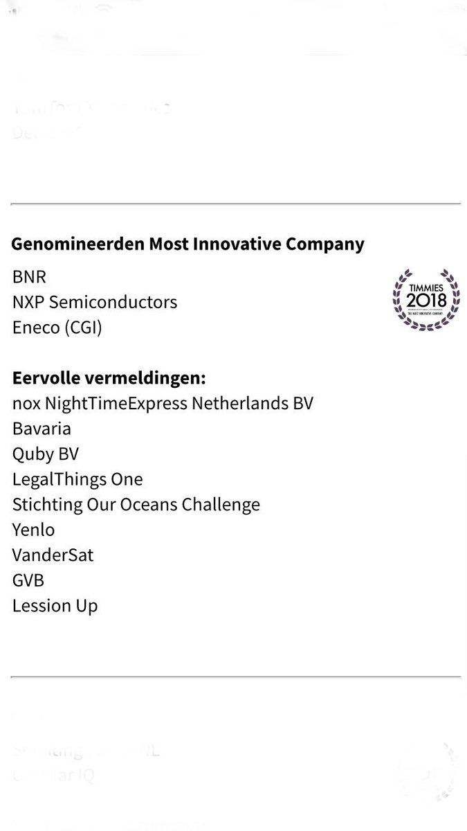 SjorsFrohlich's tweet photo. Spannend. Zometeen weten we of we winnen! Genomineerd met @NXP en @Eneco voor the “Most Innovative Company Award” tijdens het #CIOevent #timawards. @BNR #trots https://t.co/Q4FFM3NE0f