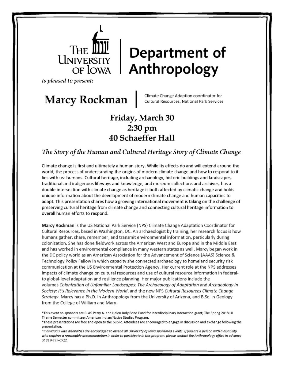 sustainUI's tweet image. Another Climate for Change #UITheme  event coming up 2:30  Fri  @marcyrockman &quot;The Story of the Human and Cultural Heritage Story of #Climatechange&quot; @OutreachIowa Dept of Anthropology @UIowaCLAS