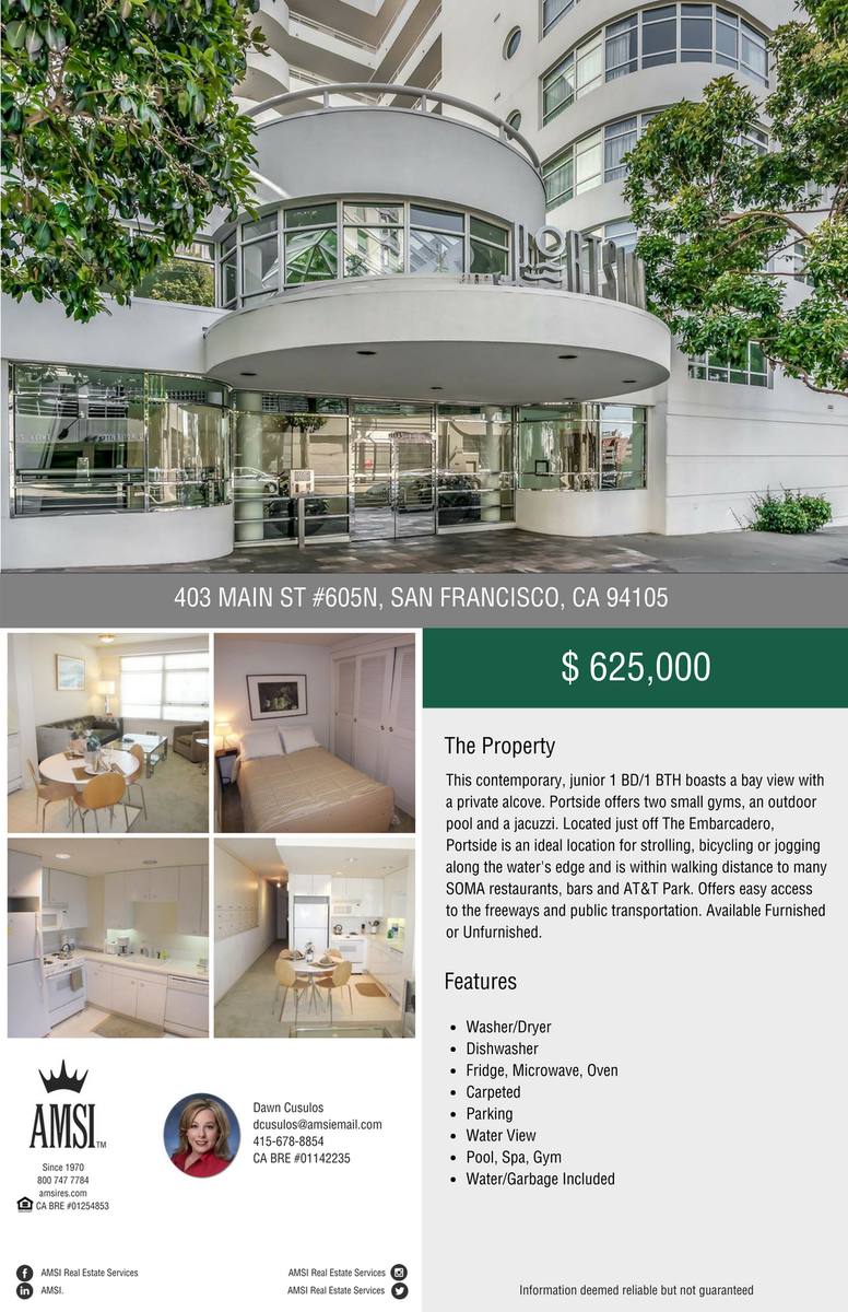 amsirealestate's tweet image. Contemporary 1B/1Ba boasts a bay view with a private alcove. Offers 2 gyms, outdoor pool and jacuzzi. Just off The Embarcadero, it's an ideal location for strolling, bicycling or jogging along the water's edge. Contact Dawn Cusulos at dcusulos@amsiemail.com or 415-678-8854 today