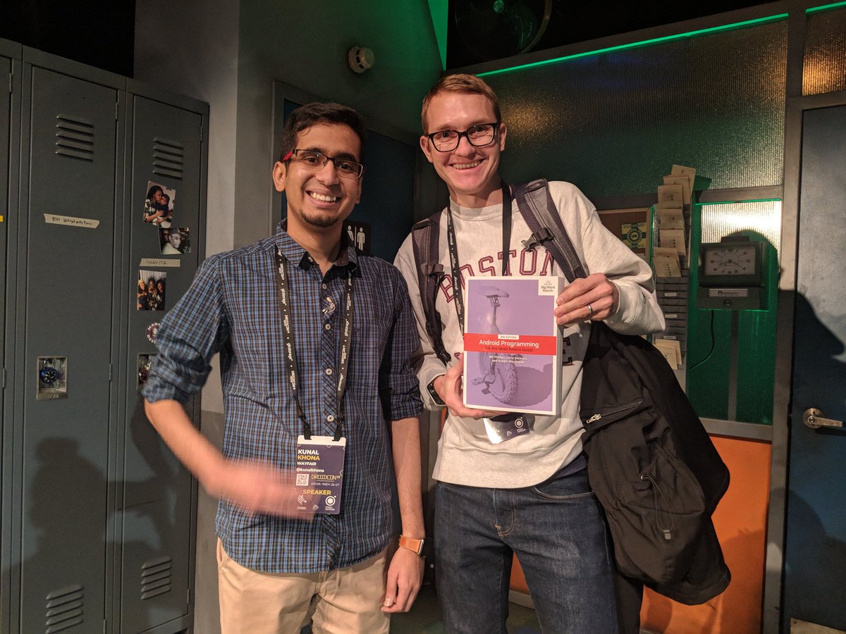 droidconbos's tweet image. Our speaker Kunal with Victor who won the giveaway for answering what 2 franchises partnered with Google for their initial ARstickers package: Star Wars and Stranger Things :) #BigNerdRanch #DroidconBos