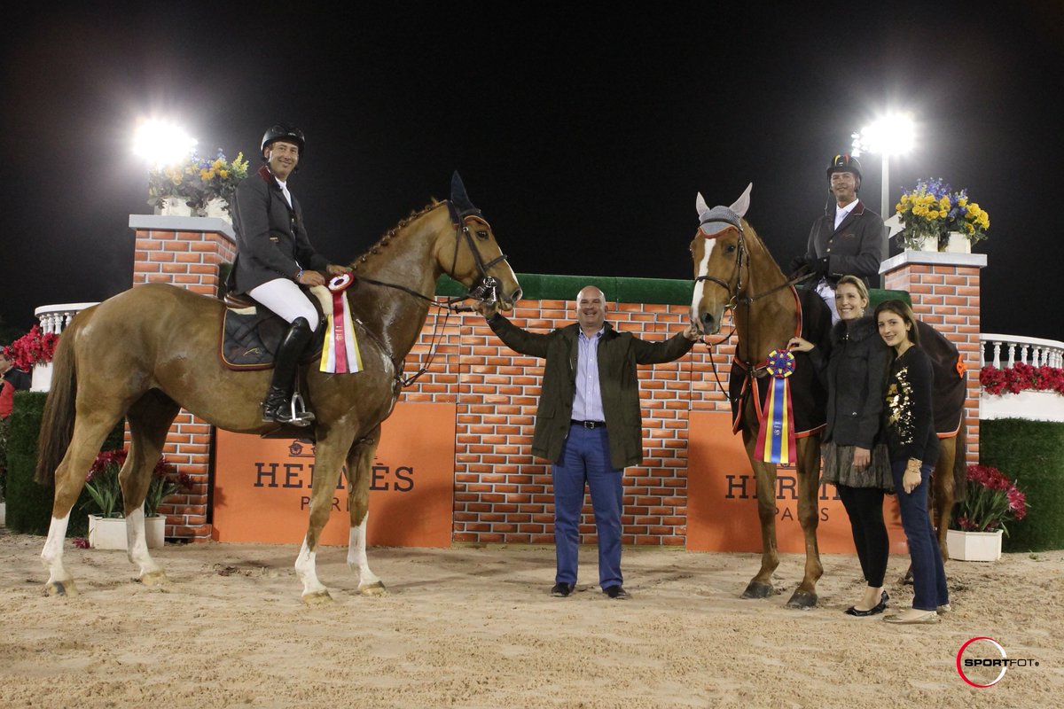 GandCFarm's tweet photo. We continue our countdown of #GandCfarm's greatest moments with a 1-2 finish! Pablo Barrios rode G&amp;C Quivola to win the $35,000 Hermès Puissance with Gustavo Arroyo on G&amp;C Tropigold finishing second at the 2011 @ESP_WEF!
Photo by Sportfot #GandCproud #winnerwinner https://t.co/PZXQIrQiJI