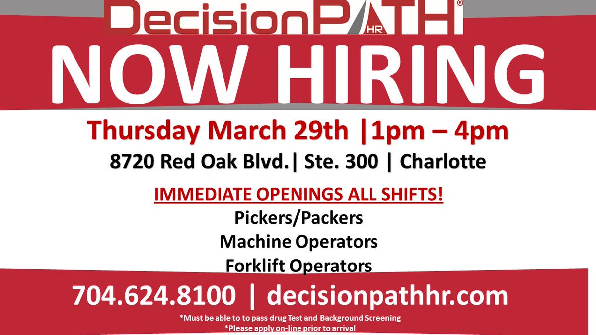 DecisionpathHR's tweet photo. #NOWHIRING at #DecisionPathHR Thursday March 29th 1-4 | 8720 Red Oak Blvd., Ste 300 | 704.624.8100 https://t.co/lHmTB6VBjP
#Forklift #Pickers #Packers #Machine Operators https://t.co/PXefgaw56o