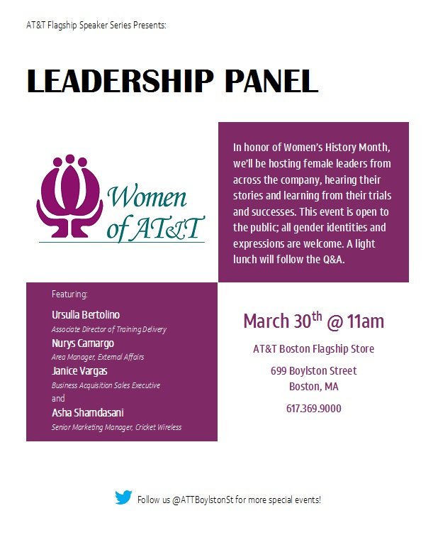 Happening this Friday <a href="/ATTBoylstonST/">AT&T Boston Flagship</a>! Come hear from some amazing female leaders <a href="/WOANewEngland/">Women of AT&T New England</a>! 11am - we'll see you there (did I mention the free food?)