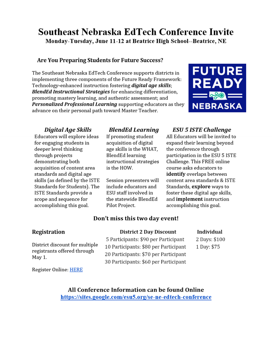 SenorZiegler's tweet photo. SE NE Edtech Conference aims to support #nebedu implement 3 components of #FutureReady framework: #BlendEd instruction, digital age skills (@iste Standards), & #personalizedpd for #ProDriven #MasterLearners PLZ help spread the word https://t.co/7o56j3ldkd https://t.co/ErFbs7TDWO