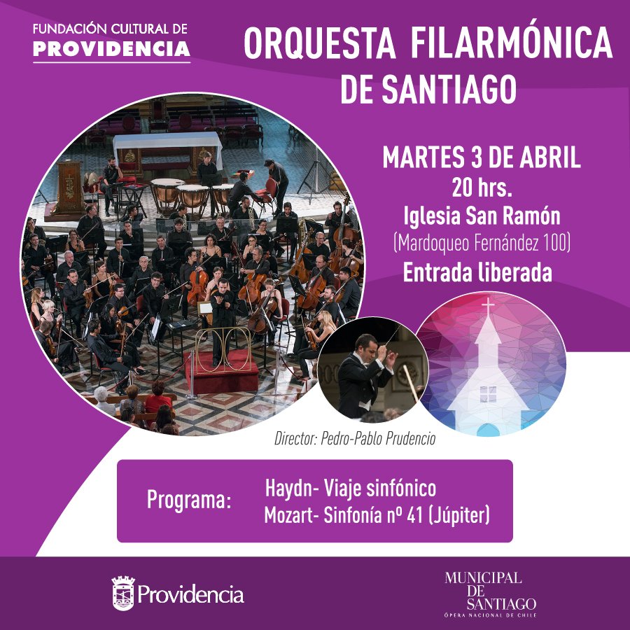 CulturaProvi's tweet photo. ORQUESTA FILARMÓNICA DE SANTIAGO. Te invitamos al concierto que realizará la Orquesta del @MunicipaldeStgo el martes 3 de abril, 20 hrs., en la Iglesia San Ramón. La entrada es liberada. #DisfrutaProvidencia #ProviEventos https://t.co/SCVuflgKEU