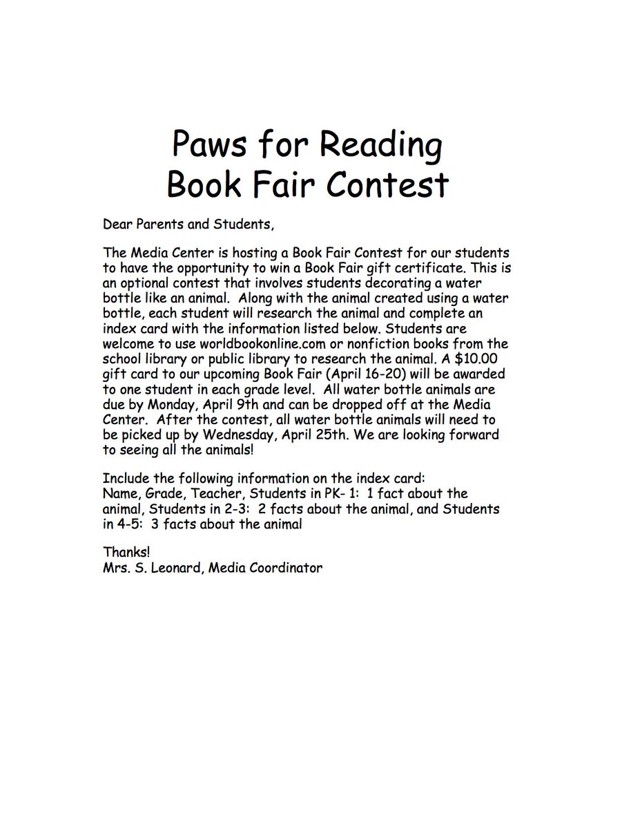 SLMCLeonard's tweet photo. Attention Tyro Bears! Be sure to check out our upcoming book fair contest. Enter a water bottle animal and research card for a chance to win a book fair gift certificate.  @dcsnc @leahmleonard @sedley1 https://t.co/2iKAoutpC6