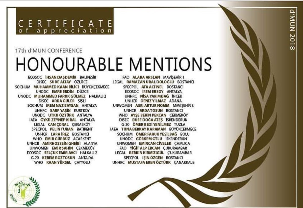 Honourable Mentions from #17thdMUN 
@Didem_Ozgul <a href="/berna_tamusta/">Berna Tamusta</a> <a href="/avarezgi/">Ezgi Avar</a> <a href="/zeren_eren/">Zeren Eren</a> <a href="/ABEKDA/">Ali BEKDAŞ</a> <a href="/tugbaakyuzz/">Tuğba Akyüz</a>