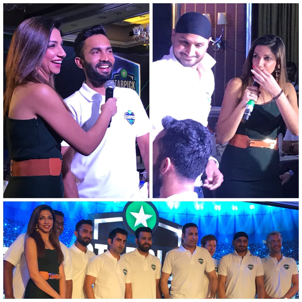 Launch of #starpick in Bengaluru! Chennai boy @DineshKarthik recounting his match winning innings at the #Nidahastrophy  and me askin #Bhajji to ‘whistle’ for the @ChennaiIPL army and whistle he did☺️👍 3 @IPL captains on one stage.. can’t wait for the madness to begin👏🤩💃