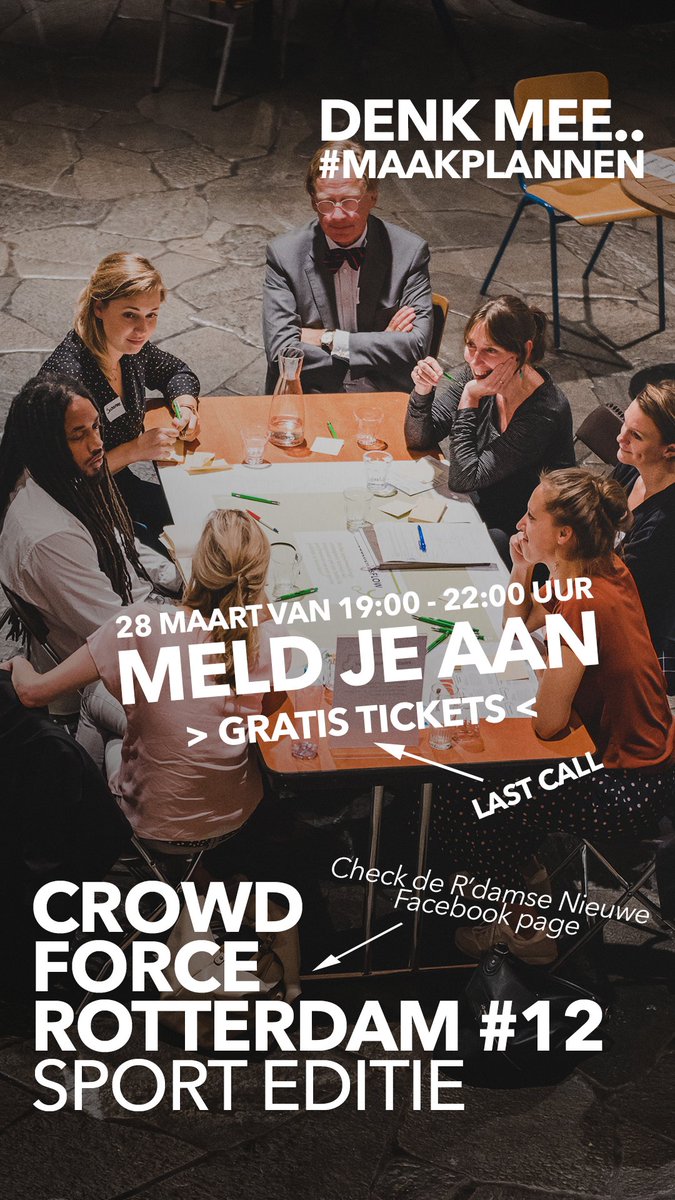 Er zijn nog kaarten beschijkbaar voor #CrowdForceRotterdam editie 12! Deze editie staat geheel in het teken van #sport. Heb jij morgenavond nog tijd over en voel je jezelf een #betrokken #Rotterdammer? Reserveer dan hier een #gratis ticket: bit.ly/CFR12SPORT