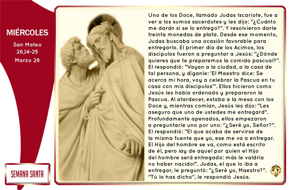 #EvangeliodelDía Miércoles Santo
El Hijo del hombre se va, como está escrito de él, pero ¡ay de aquel por quien el Hijo del hombre será entregado: más le valdría no haber nacido. #Miércoles