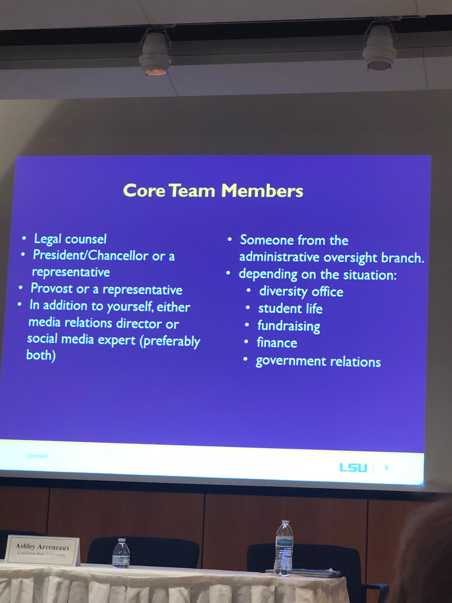 MichelleHacunda's tweet image. Ashley Arceneaux from @lsu says you need these core team members in the room during a crisis communications situation in #highered. #AASCUComm