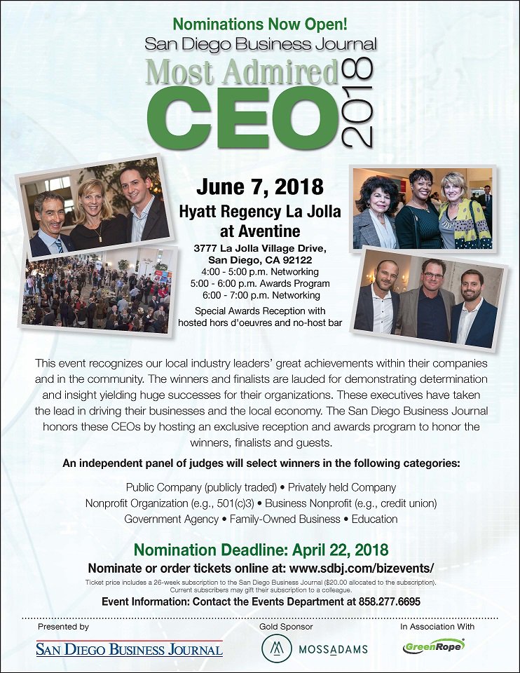 SDbusiness's tweet photo. These executives have taken the lead in driving their business and the local economy. Nominate for the 2018 Most Admired CEO Awards! #SDBJ #CEO2018 https://t.co/quOmNKkjrB https://t.co/hCMpkYspEM