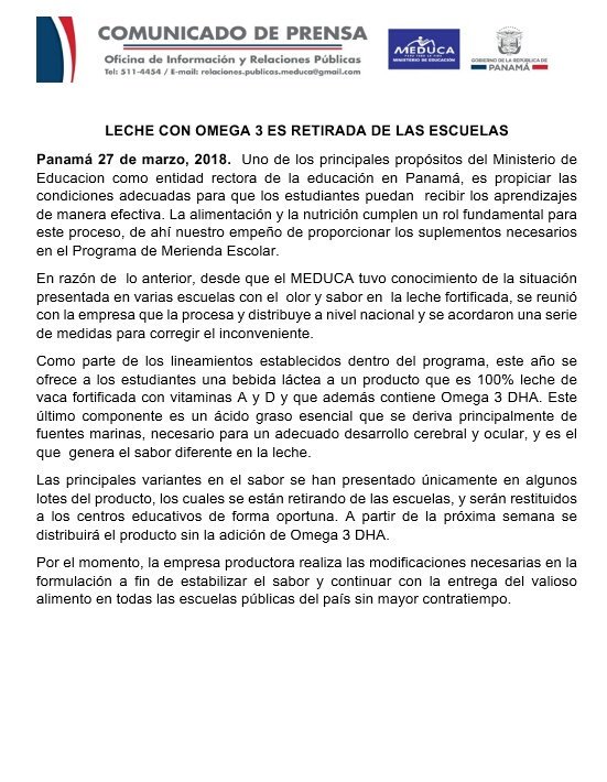 MeducaPma's tweet photo. #MeducaInforma:
Leche con "Omega 3" es retirada de las escuelas. https://t.co/VLYLGiQ2nT