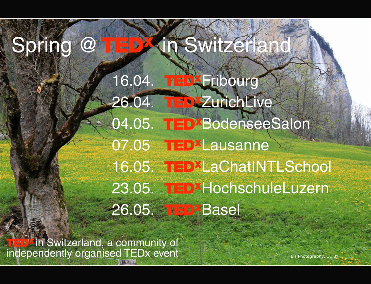 TEDxInCH's tweet image. Upcoming #TEDx events in #Switzerland : @TEDxFrib, @TEDxZurich, @TEDxBodensee, @TEDxLausanne, @tedxhslu, @TEDxBasel