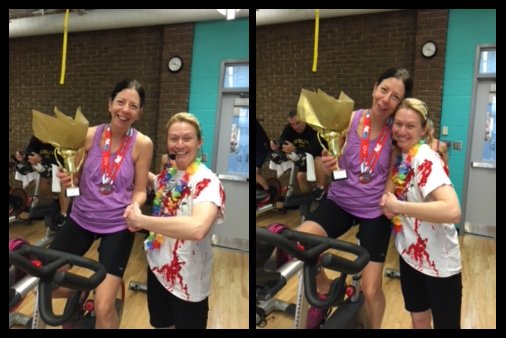 ymcahbb's tweet photo. Kathy, a member of the #RonEdwardsY was present with the ’spin class hero' award! Volunteer Cycle Fit instructor, Sarah-Jane, presented the award while promoting her theme for #CycleforKids! Join the 10am beach party cycle class by registering today! https://t.co/y1bJxGgIEb https://t.co/Wo6g0afjOa