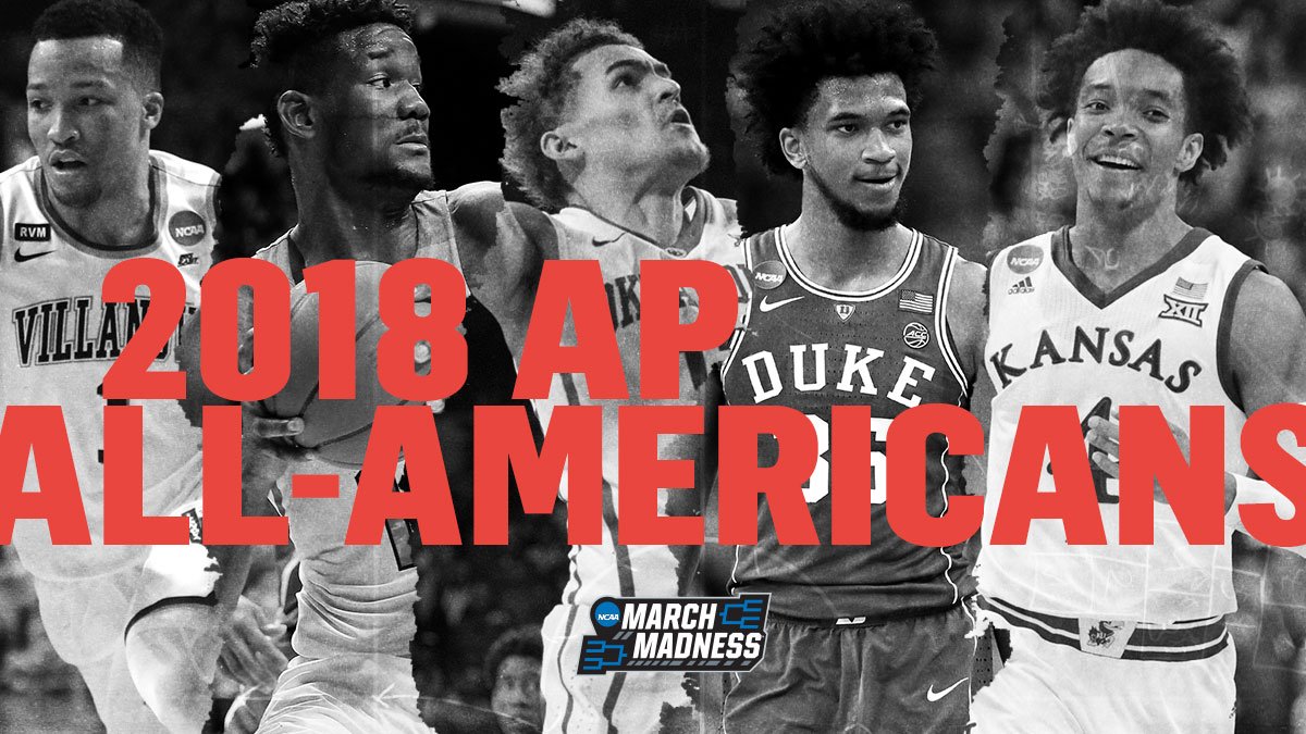 MarchMadnessMBB's tweet image. 2018 AP All-American Team

FIRST TEAM
Jalen Brunson - Villanova
Deandre Ayton - Arizona
Trae Young - Oklahoma
Marvin Bagley III - Duke
Devonte' Graham - Kansas

Second &amp;amp; Third Team: on.ncaa.com/2GcdGG9