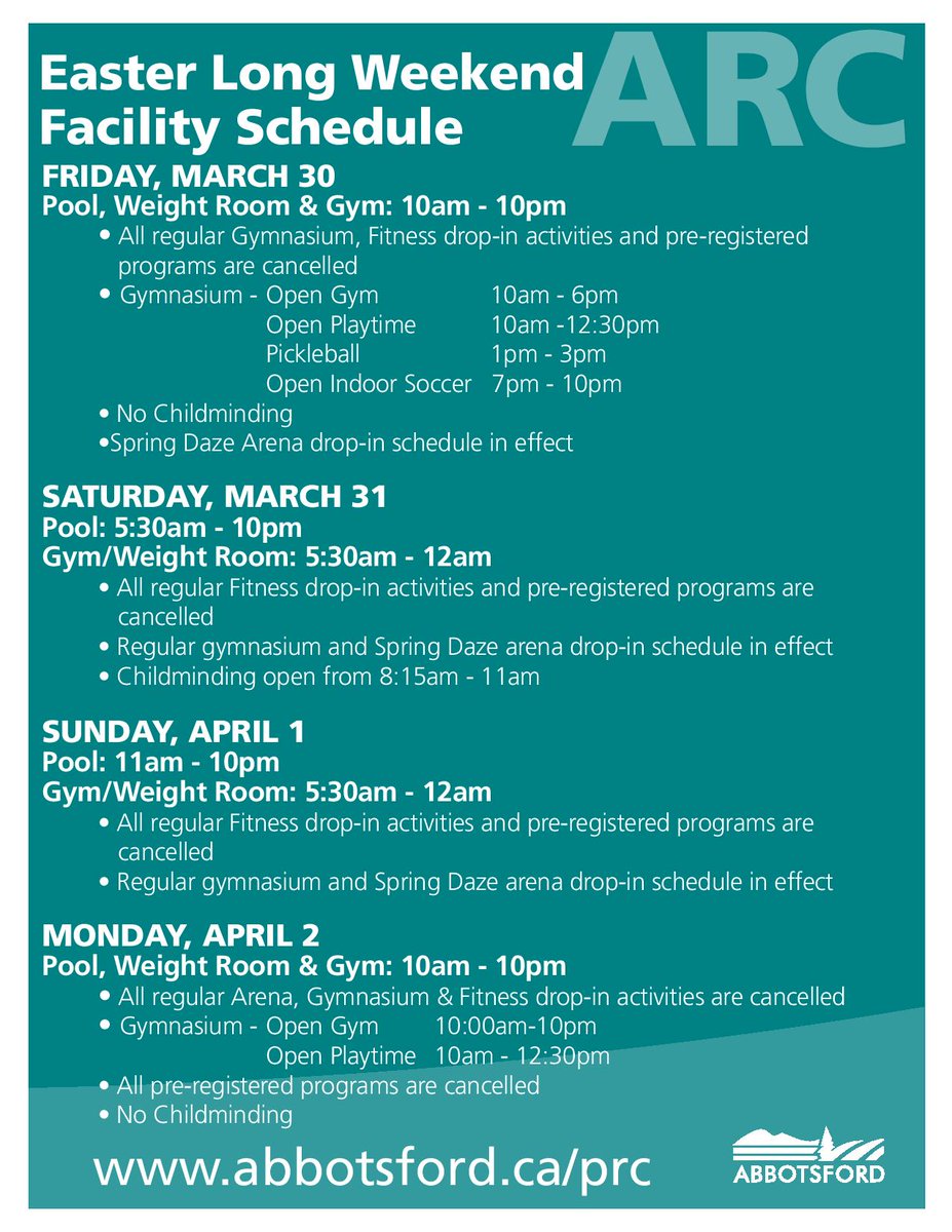 #AbbotsfordPRC Facility Info for #Easter Long Weekend! https://t.co/IYzNJWbFCt