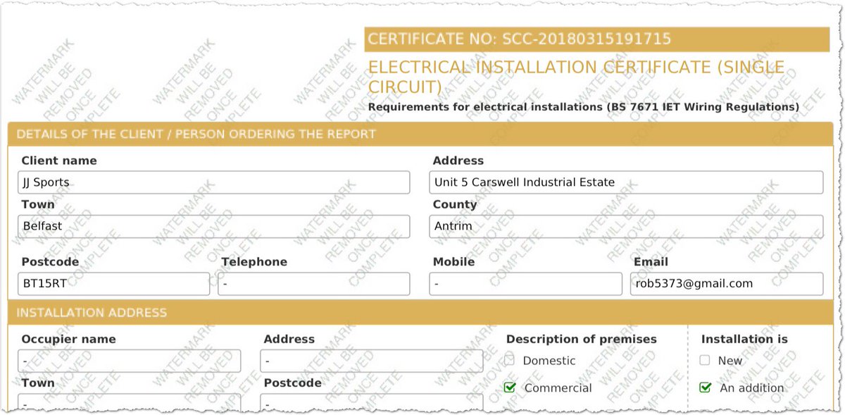 electraform's tweet image. Print preview feature added. A faint watermark is visible until the certificate/report has been completed, then it is automatically removed. #electraform