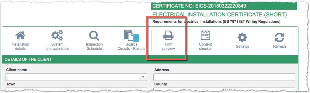 electraform's tweet image. Print preview feature added. A faint watermark is visible until the certificate/report has been completed, then it is automatically removed. #electraform