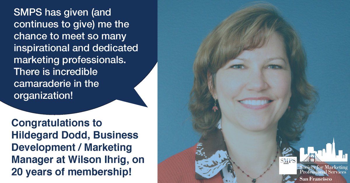 SMPS_SF's tweet photo. She's inspired us through her commitment to elevating marketing as a dynamic profession for 20 years. Read how @hildegarddodd of @wilsonihrig suggests YOU can use SMPS as a path to leadership: https://t.co/aJSdZq5Cc9 #SMPSSFexperience https://t.co/TrLkrK8qUY