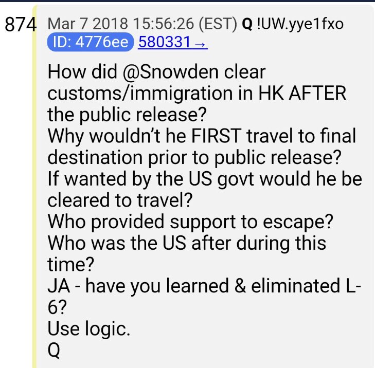 Are you ready for this? Buckle up!! Q post 874 mentions JA in it when he asks "JA - have you learned & eliminated L-6? Use logic." Okay, let's use logic. L-6=6... Q=17... Q-6=11!! 11=JA... JA=11!!  #QAnon  #GreatAwakening  @POTUS  @realDonaldTrump
