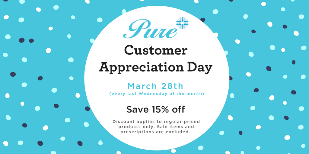 PurePharmacy's tweet photo. Customer Appreciation Day is fast approaching! Come visit us tomorrow at any Pure location, stock up and save some pretty pennies 💸  You'll receive 15% off on all regularly priced items. Because we appreciate you.... a lot! 😉 #affordablesupplements #shoplocal #healthyliving https://t.co/H96dZUqpiu