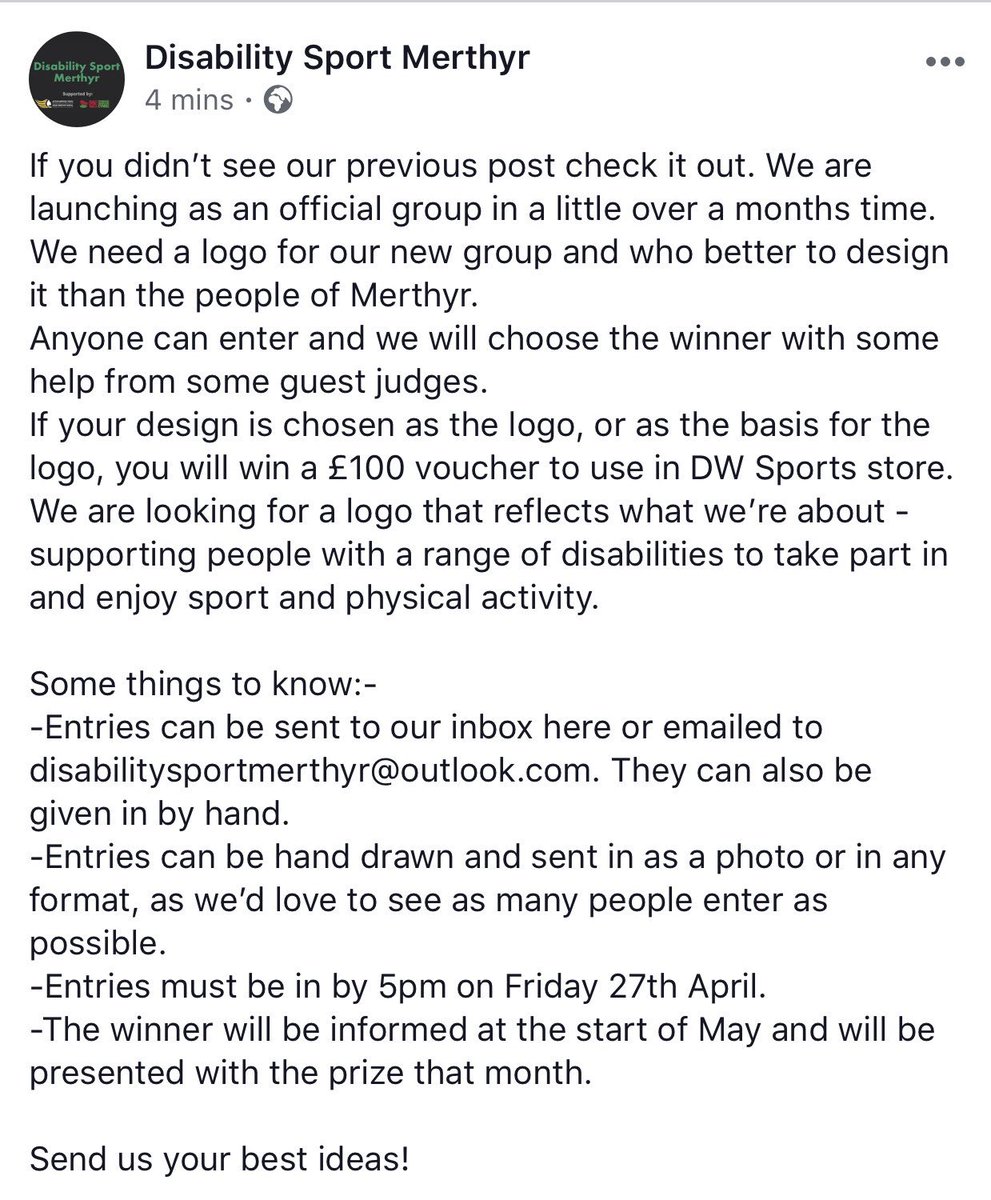 The new Disability Sport Merthyr forum launches in a little over a months time and they need your help. Think you can design a great logo for them? Check it out on the Facebook page!