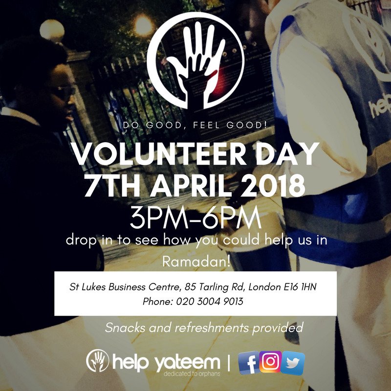 HelpYateem's tweet photo. Volunteers Day Saturday 7th April 2018
Join us if your interested in making your Ramadan an extra interesting and productive month by using your time to help Orphans and Needy in such a blessed month. #Ramadan #volunteer #volunteers #orphan #orphans #yateem #helpyateem #charity https://t.co/kgvYzQSFKz