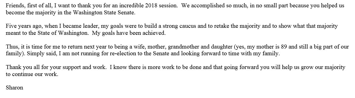 OlympiaJoe's tweet photo. BREAKING:  WA Democratic state Senate Majority Leader Sharon Nelson announces she won't run for re-election this year. 

Nelson in an email blast cited the work over last few years to build up Democratic caucus &amp; retake majority has been accomplished. #waleg #waelex https://t.co/TKBi8lvEeW