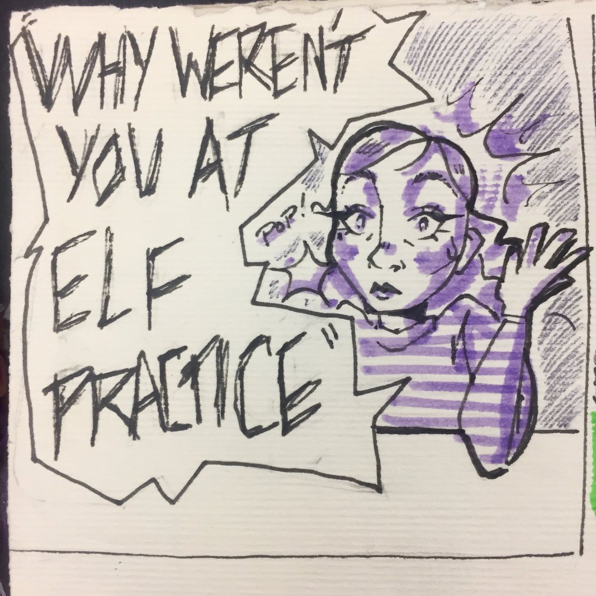 BumbledEve's tweet photo. 1. So it was movie day in 3rd period and I was trying to show maddie a meme that I found, but I didnโt realize how loud it was. #comic #doodle #sketchbook #elfpractice https://t.co/N5N9i28R3t