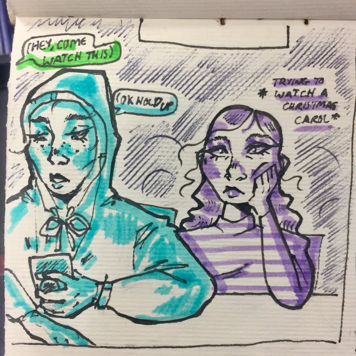 BumbledEve's tweet photo. 1. So it was movie day in 3rd period and I was trying to show maddie a meme that I found, but I didnโt realize how loud it was. #comic #doodle #sketchbook #elfpractice https://t.co/N5N9i28R3t