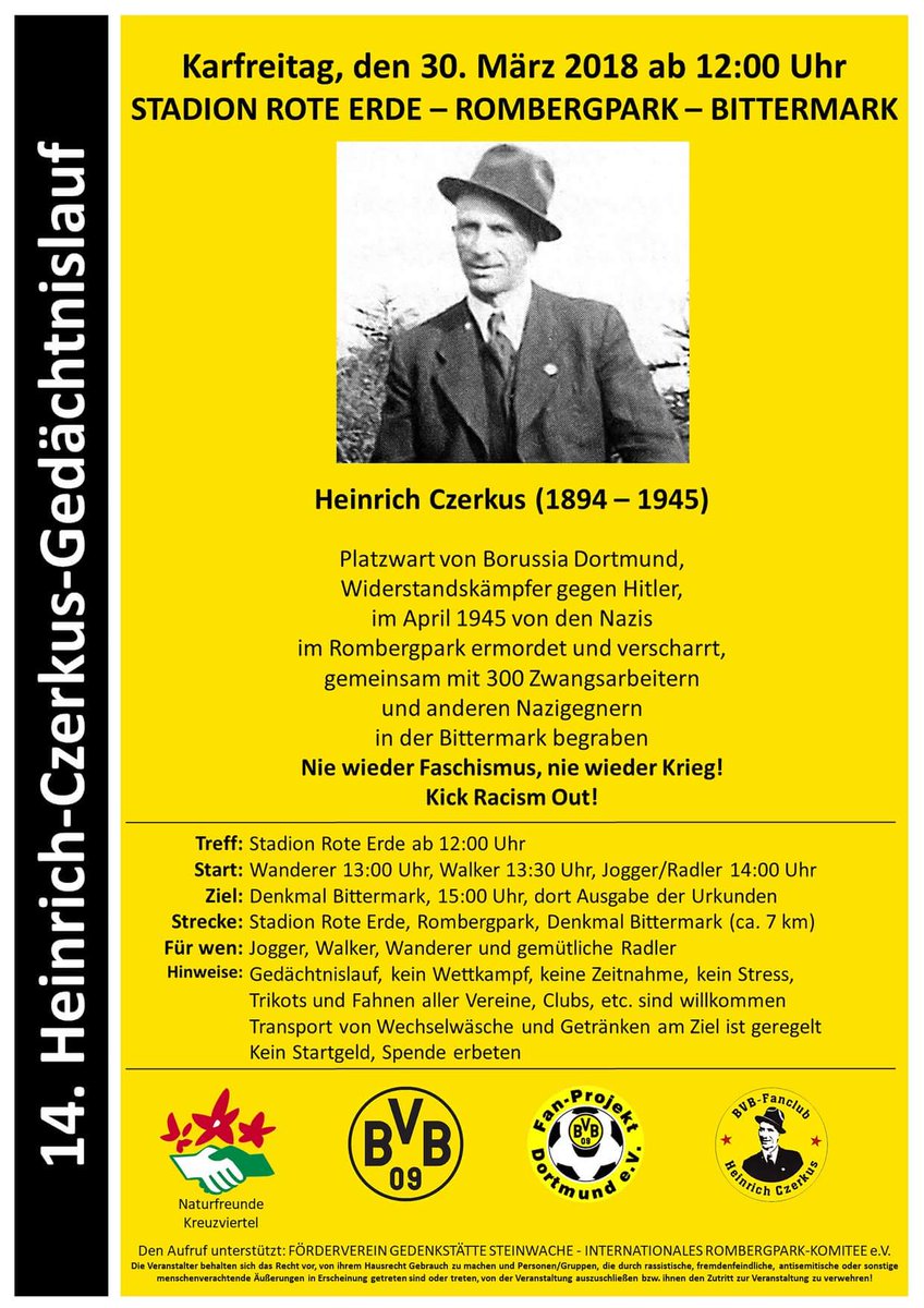 An Karfreitag, den 30. März 2018, findet der 14. Heinrich-Czerkus-Gedächtnislauf statt. 
⌚ Treffpunkt 12:00 Uhr
🚩 Stadion Rote Erde. 
👨‍👩‍👦‍👦 Kommt vorbei!