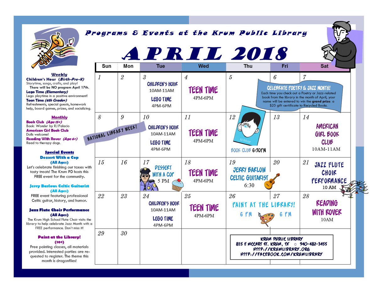 KrumLibrary's tweet image. #April is on its way, but our April Calendar is here now! #krumtx #thingstodointexas #library #librarylife