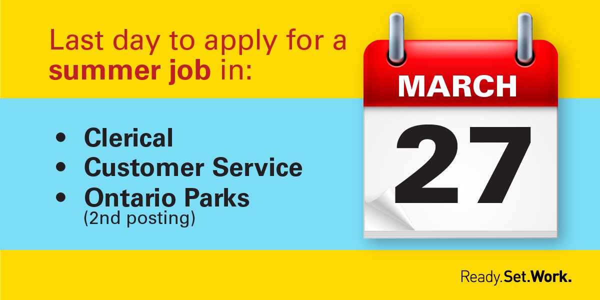 Students: LAST DAY TO APPLY! Apply online for an <a href="/ONgov/">Ontario Government</a> #summerjob before it’s too late! ontario.ca/b894