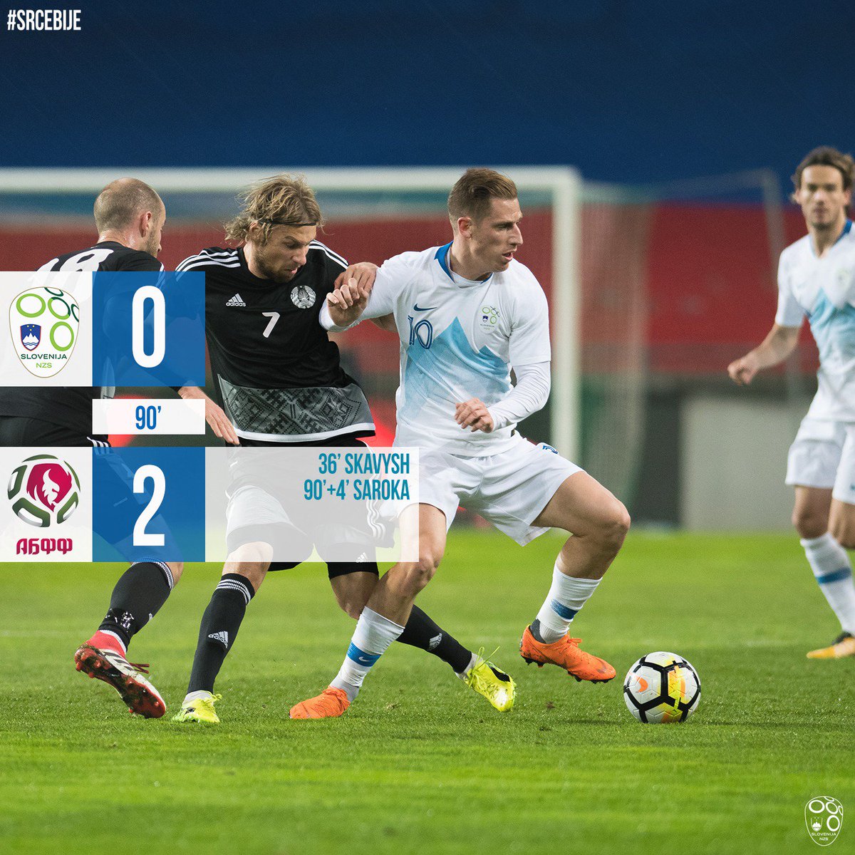 nzs_si's tweet photo. #SLOBLR | 0:2 | ⏱Konec tekme v Stožicah! Slovenija 0:2 @BelFootFeder. #HvalaKapetan #SrceBije https://t.co/T8nRaupDkJ