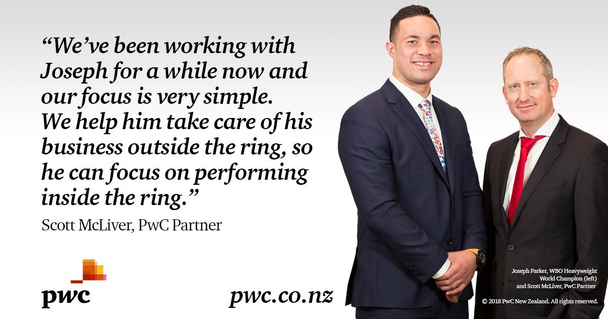 PwC_NZ's tweet photo. How has PwC New Zealand been helping WBO Heavyweight Champion @joeboxerparker outside of the ring? PwC Partner @ScottMcLiver discusses https://t.co/1XMh7re87K https://t.co/nxycQFrI3e