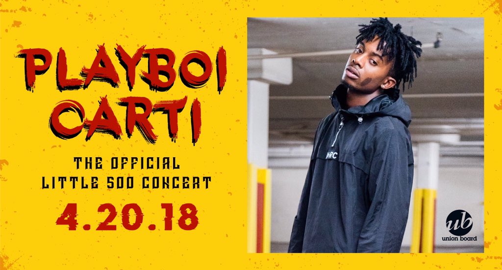 iuunionboard's tweet image. Union Board presents your Official 2018 Little 500 headliner: Playboi Carti! Support acts will be announced in the coming weeks so stay tuned. Tickets go on sale this Thursday through @IUAuditorium