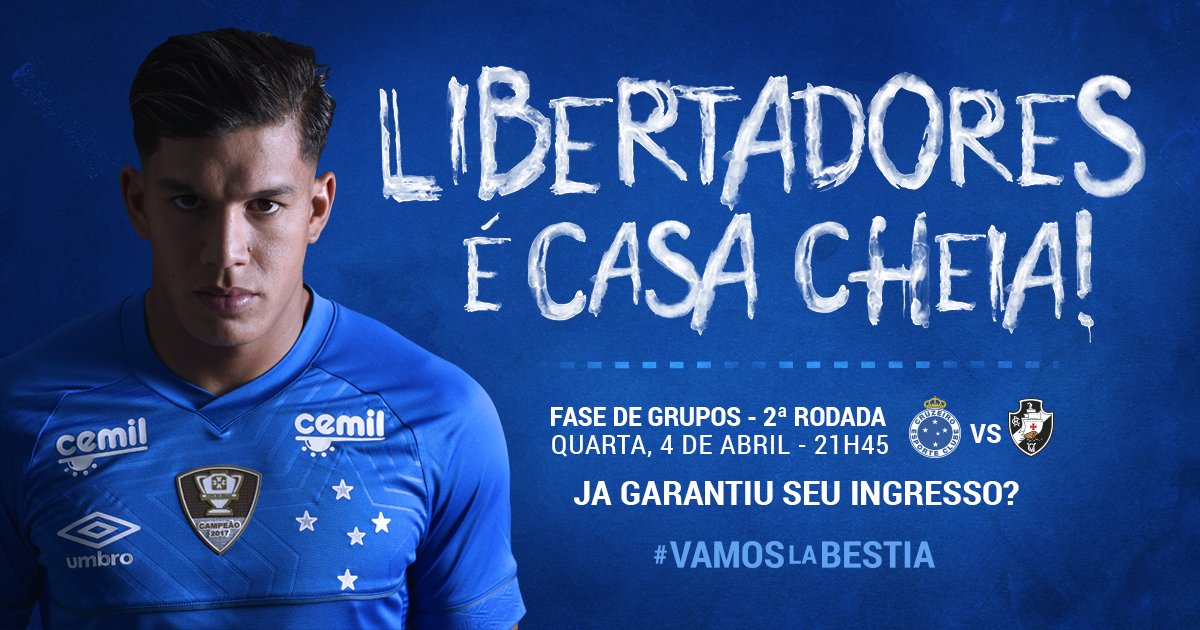 Dia 04/04 o <a href="/Mineirao/">Estádio Mineirão</a> vai ficar pequeno para a nossa Nação Azul!

É dia de Libertadores, é dia de casa cheia!

Não fique de fora da nossa estreia em casa, pela competição!

Garanta já seus ingressos pelo sociodofutebol.com.br ou Cruzeiro App. 

🔵⚪️🦊 #VamosLaBestia