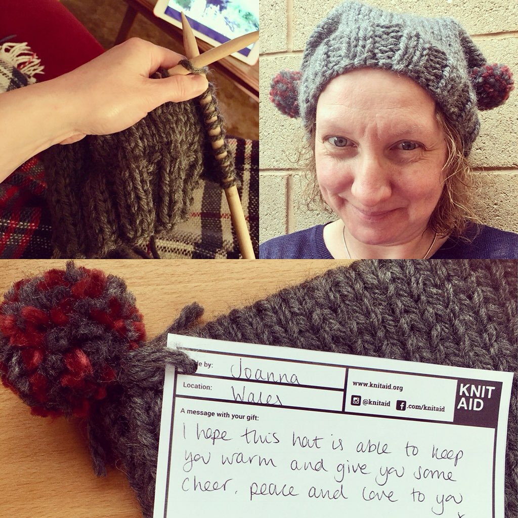 justjojo71's tweet photo. Chuffed with my knitted hat to donate to @knitaid especially the #pompoms 😍 #charitytuesday #knitaid #refugeesupport https://t.co/RIKWWsaFhK