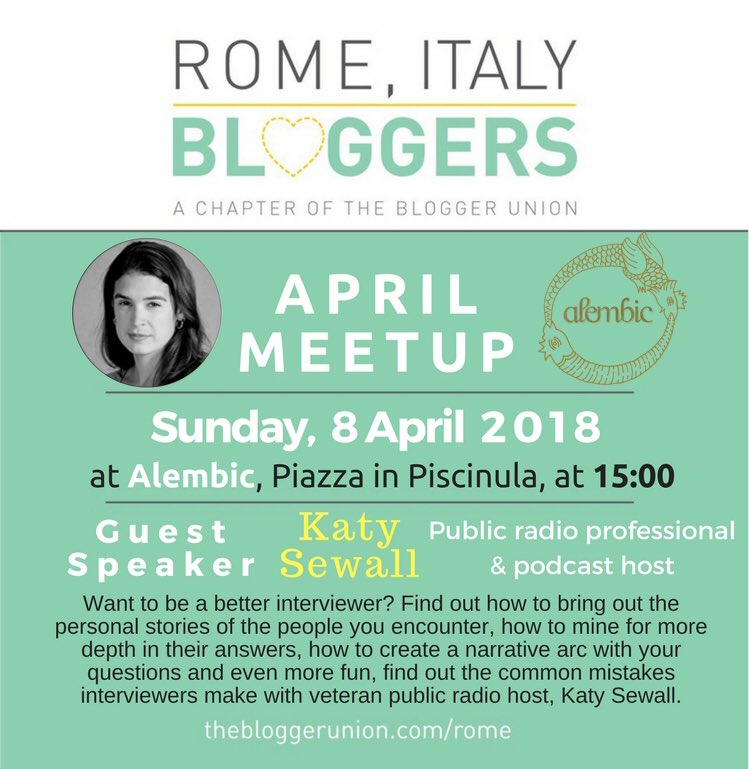 romebloggers's tweet photo. Join us for our next #bloggermeetup on Sunday, April 8th with guest speaker @KatySewall on how to interview and #podcasting. To register, visit the link in bio. 
#rome https://t.co/OxHicCG4Au